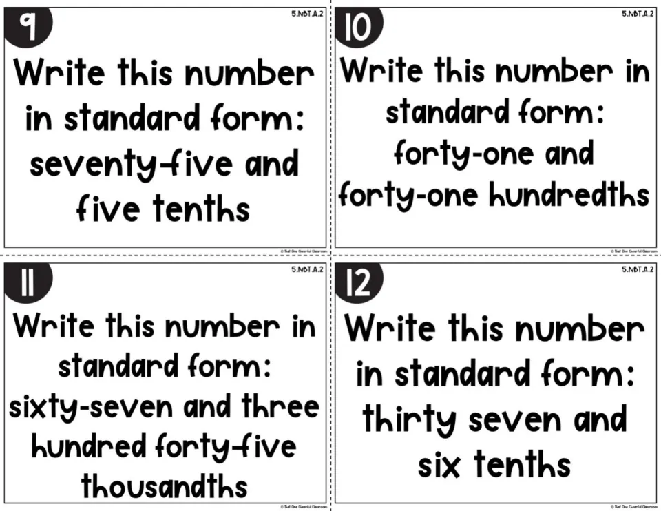 Standard form cards 9-12: students turn decimals written in words, like forty-one and forty-one hundredths, into numerals