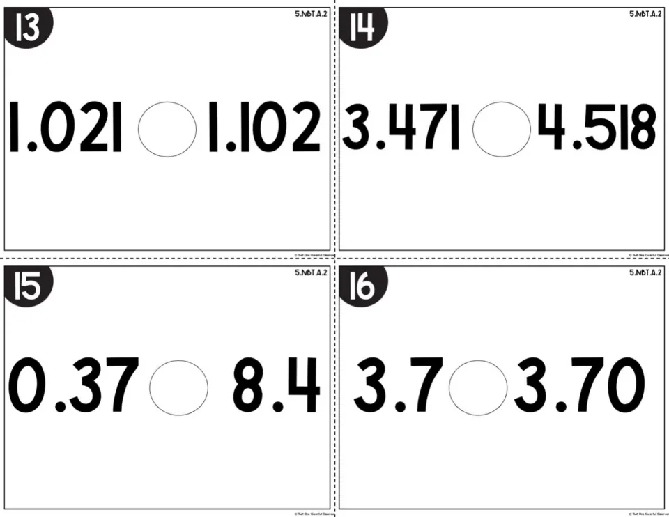 Comparing decimals cards 13-16: students write >, < or = between pairs like 1.021 and 1.102 or 3.7 and 3.70