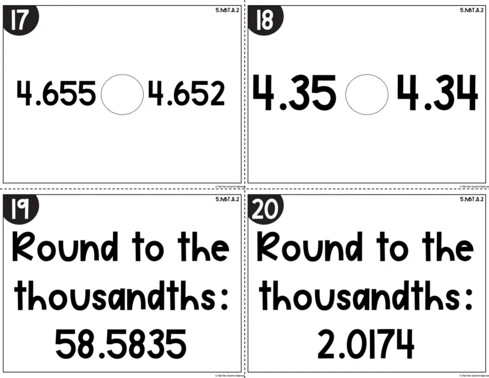 Cards 17-20: compare 4.655 with 4.652 and 4.35 with 4.34, then round 58.5835 and 2.0174 to the thousandths place