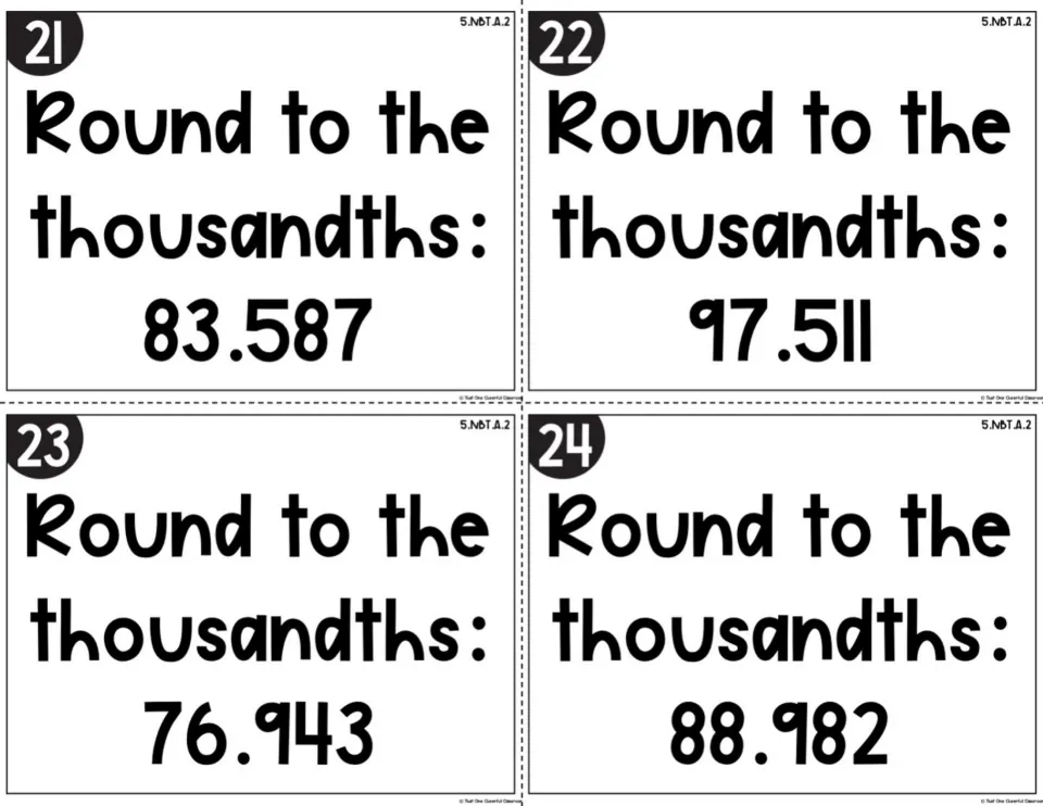 Rounding decimals cards 21-24: students round 83.587, 97.511, 76.943 and 88.982 to the thousandths place