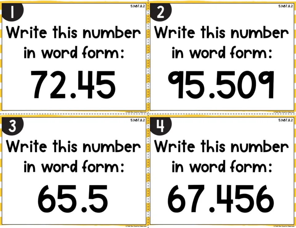 Color version of word form cards 1-4: students write 72.45, 95.509, 65.5 and 67.456 in words using decimal place names
