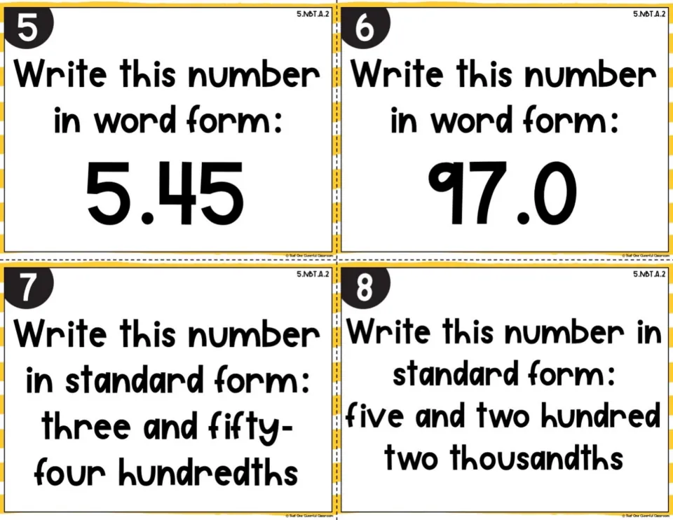 Color version of cards 5-8: 5.45 and 97.0 to write in word form, plus two number names to write in standard form