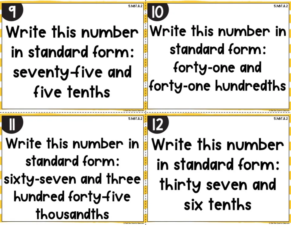 Color version of standard form cards 9-12: number names like thirty seven and six tenths to write as numerals