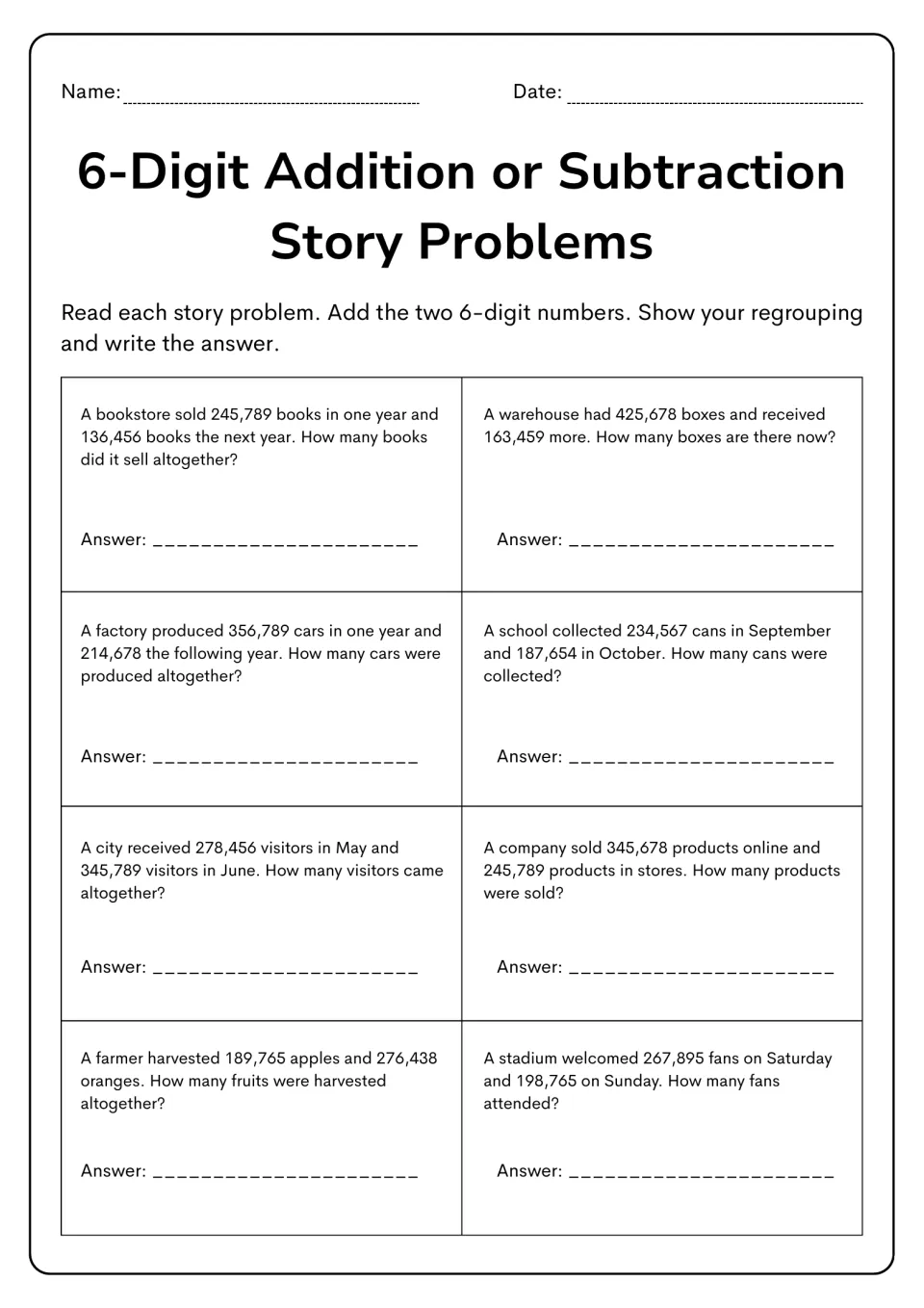 Addition practice: eight story problems, including a bookstore selling 245,789 books and then 136,456