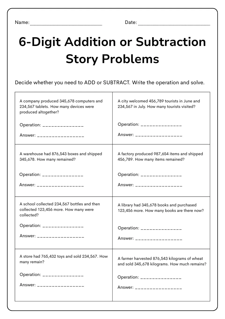 Operation practice: eight stories asking students to add or subtract, including 876,543 boxes minus 345,678
