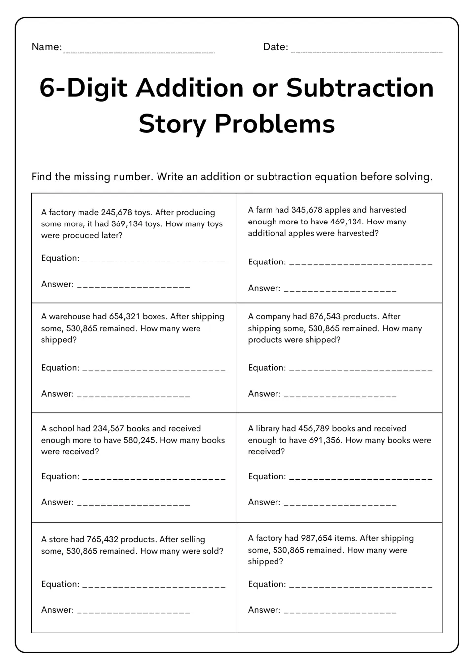 Missing-number practice: eight stories, including a factory increasing its toy total from 245,678 to 369,134