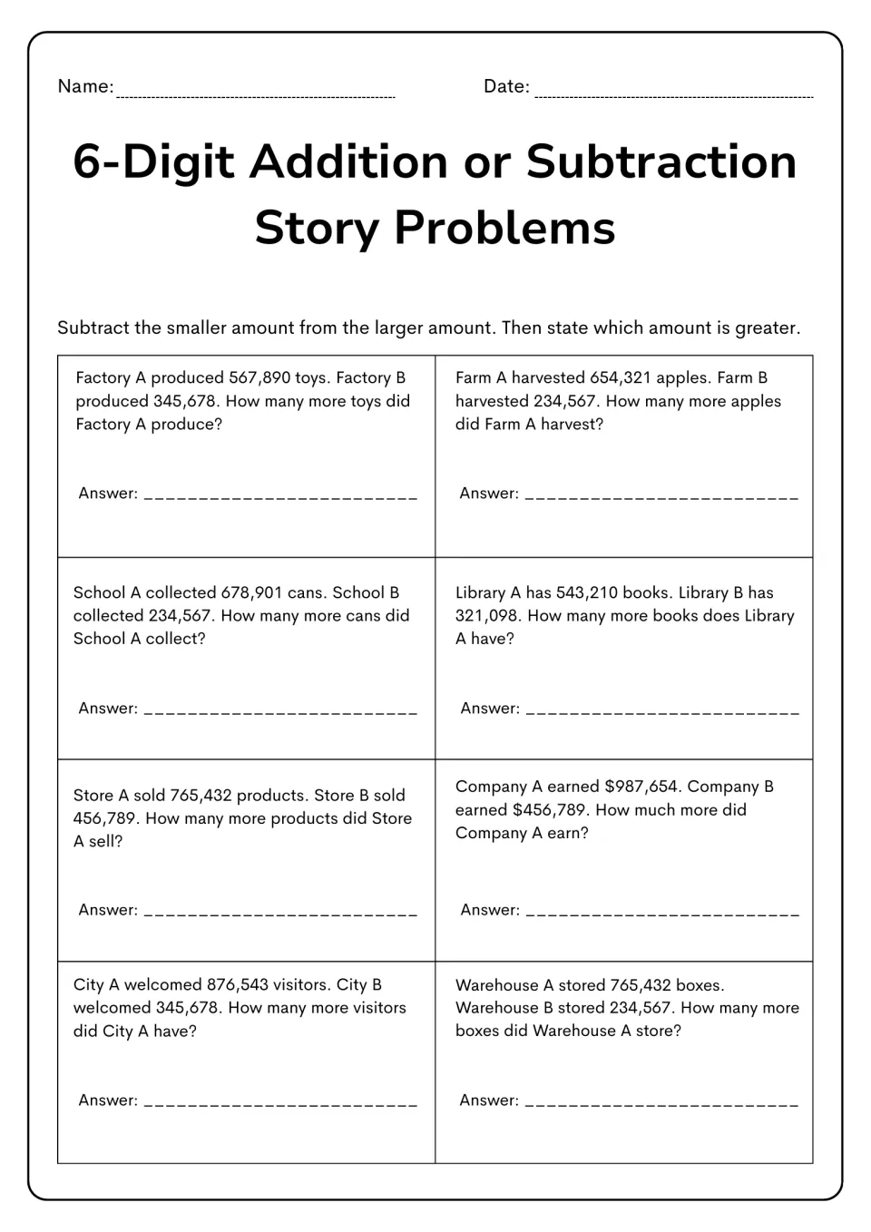 Comparison practice: eight subtraction stories, including factories producing 567,890 and 345,678 toys