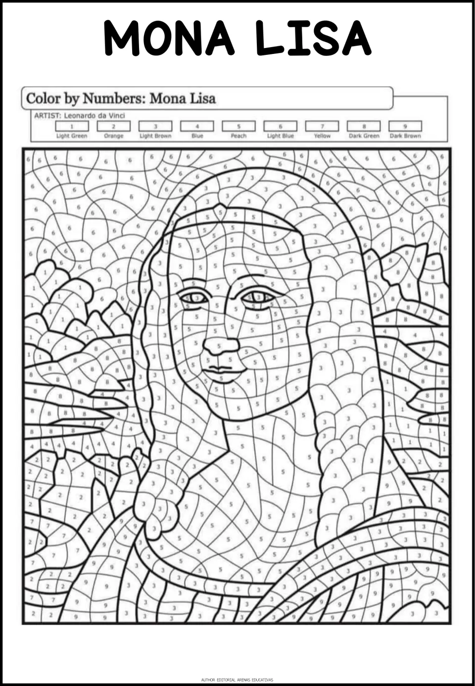 Mona Lisa by Leonardo da Vinci: students match numbers 1 to 9 to a color key and shade each numbered space of the portrait