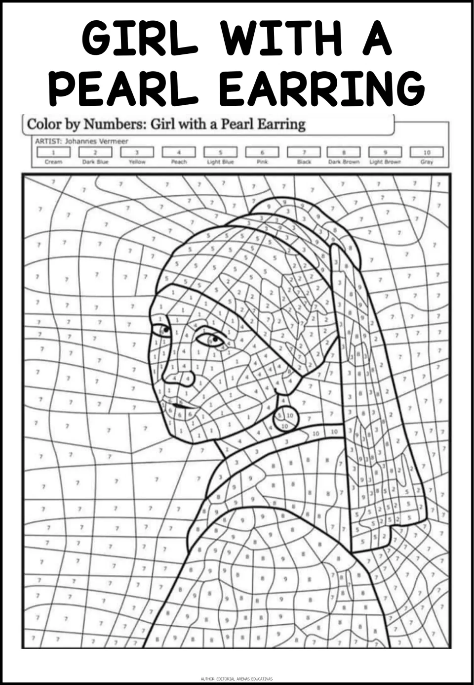 Girl with a Pearl Earring by Johannes Vermeer: students read numbers 1 to 10 and fill each space using the 10-color key
