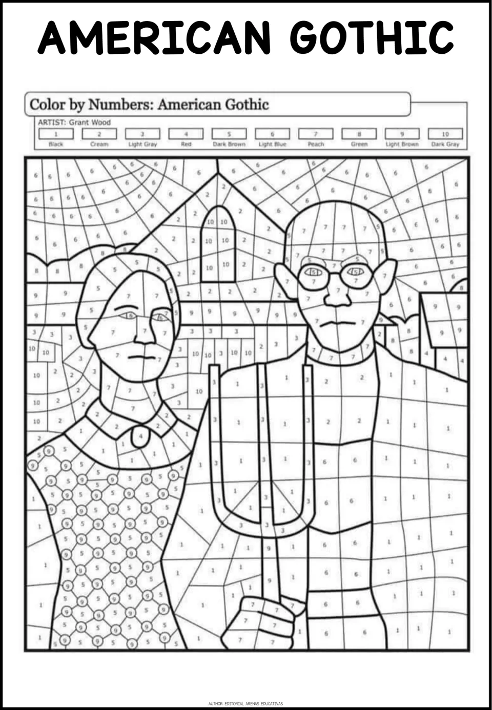 American Gothic by Grant Wood: a farmer with a pitchfork and a woman by a house, filled in by matching numbers 1 to 10