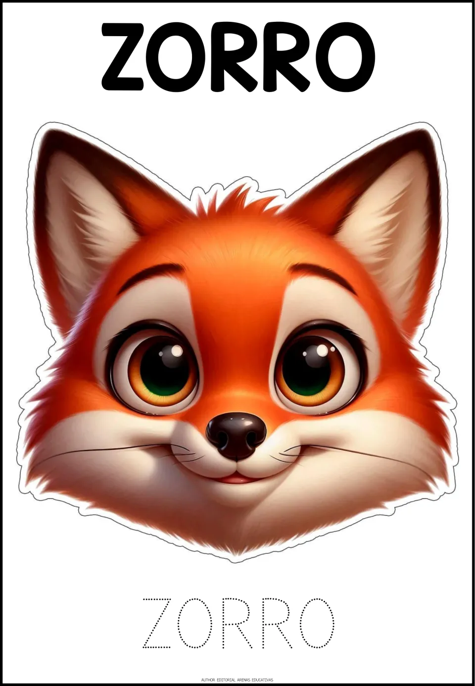Spanish animal tracing activity 1 of 6: ZORRO (fox), with a fox face and dotted uppercase letters to trace