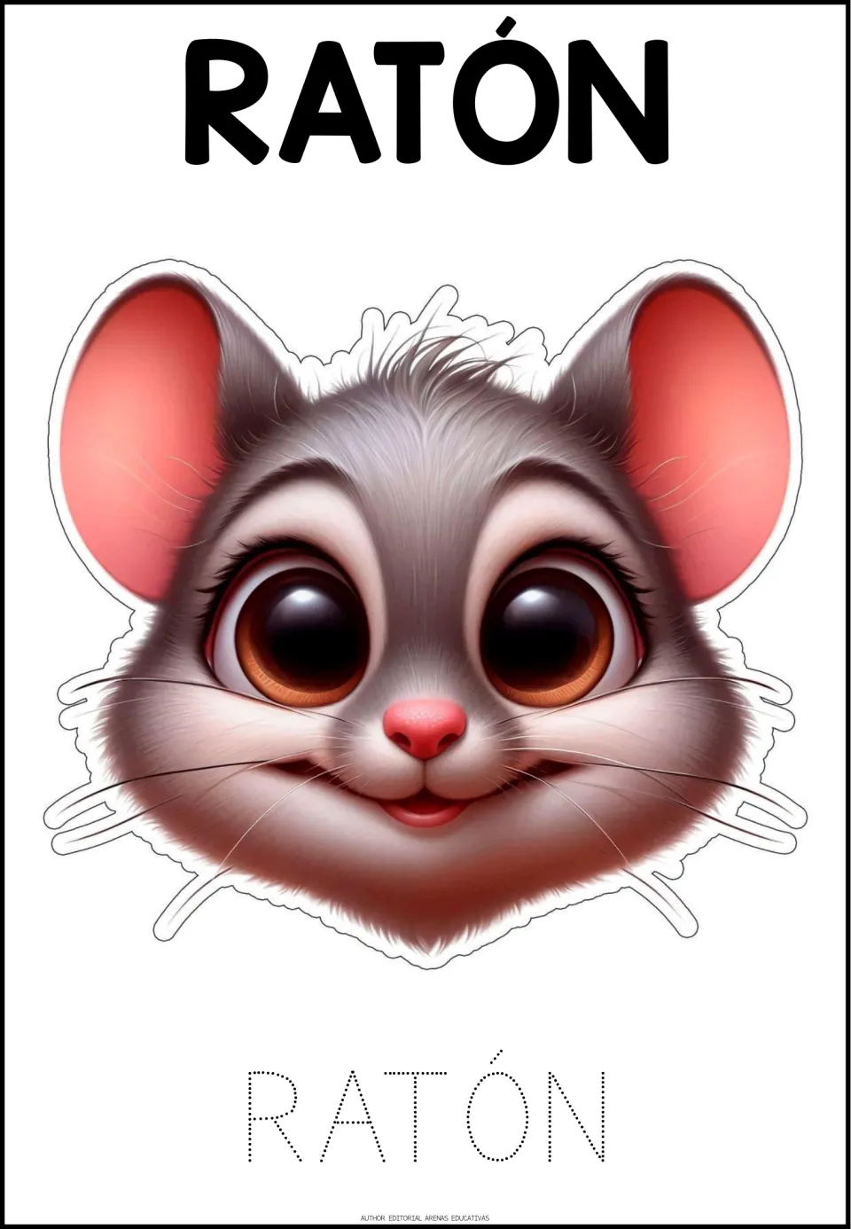 Spanish animal tracing activity 3 of 6: RATÓN (mouse), with a mouse face and dotted uppercase letters to trace