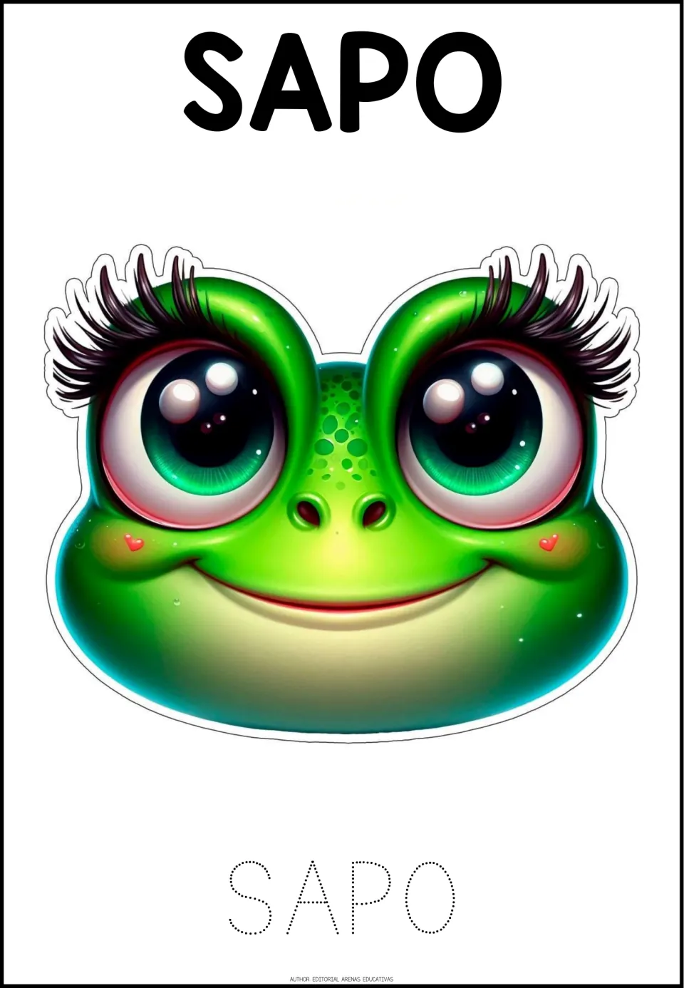 Spanish animal tracing activity 4 of 6: SAPO (toad), with a toad face and dotted uppercase letters to trace