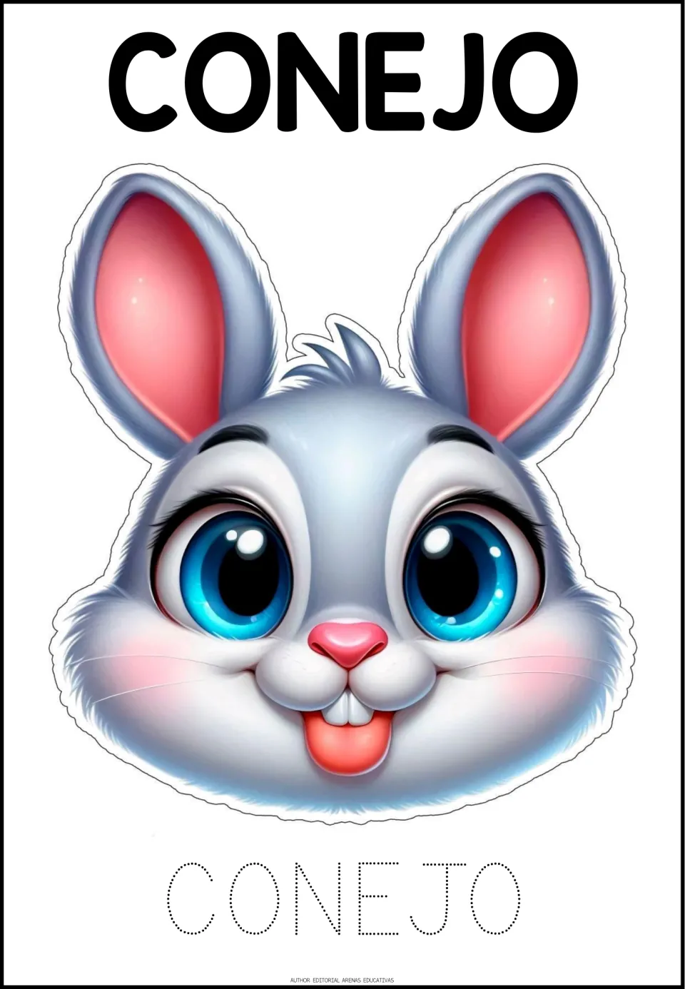 Spanish animal tracing activity 5 of 6: CONEJO (rabbit), with a rabbit face and dotted uppercase letters to trace
