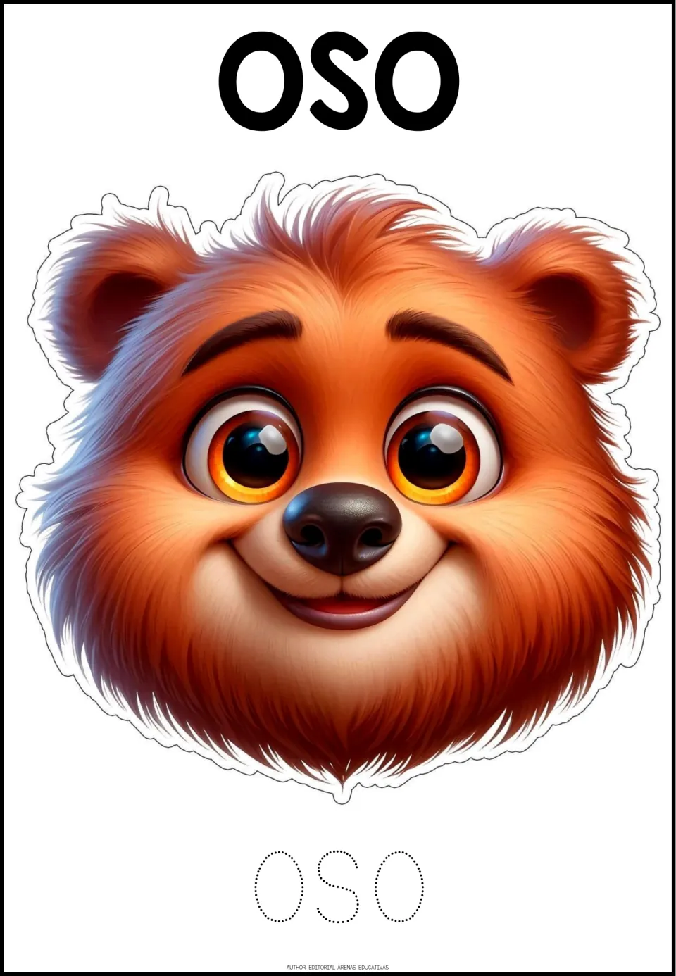 Spanish animal tracing activity 6 of 6: OSO (bear), with a bear face and dotted uppercase letters to trace