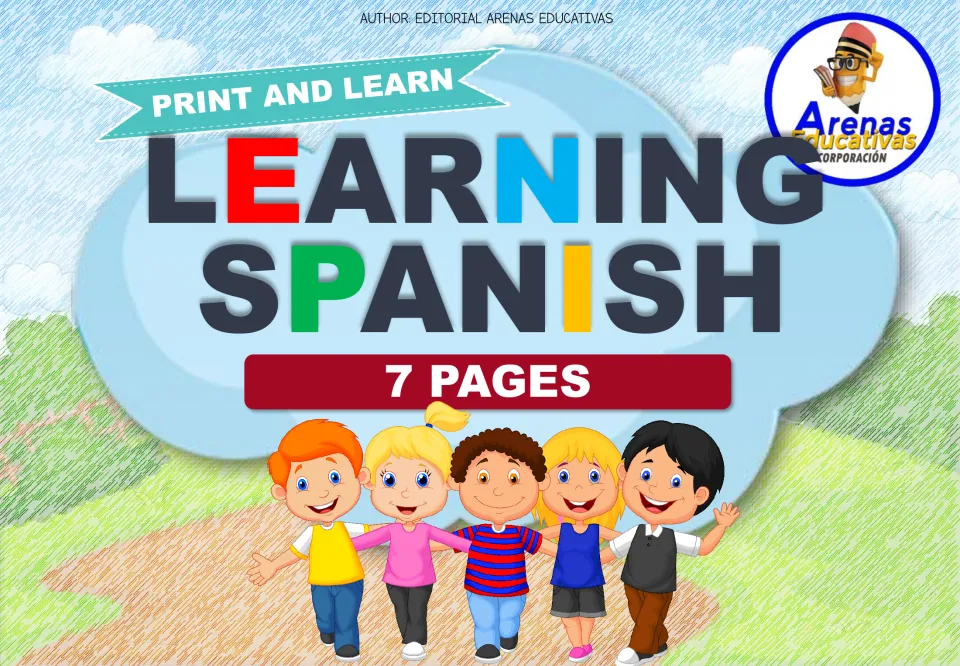 Learning Spanish cover by Editorial Arenas Educativas: Print and Learn, 7 pages, with five smiling cartoon children