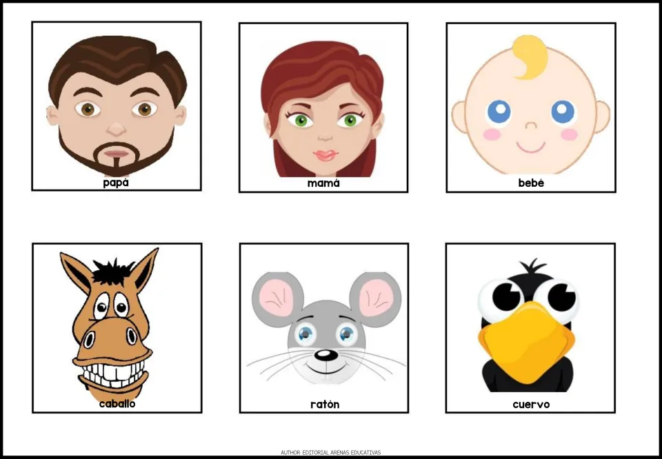 Spanish family and animal words: picture cards for papá, mamá, bebé, caballo, ratón and cuervo with cartoon faces