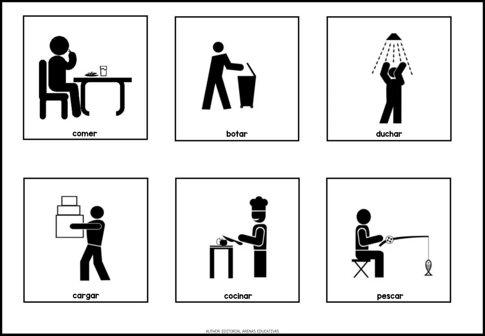 Spanish action verbs: pictogram cards for comer, botar, duchar, cargar, cocinar and pescar showing each everyday action