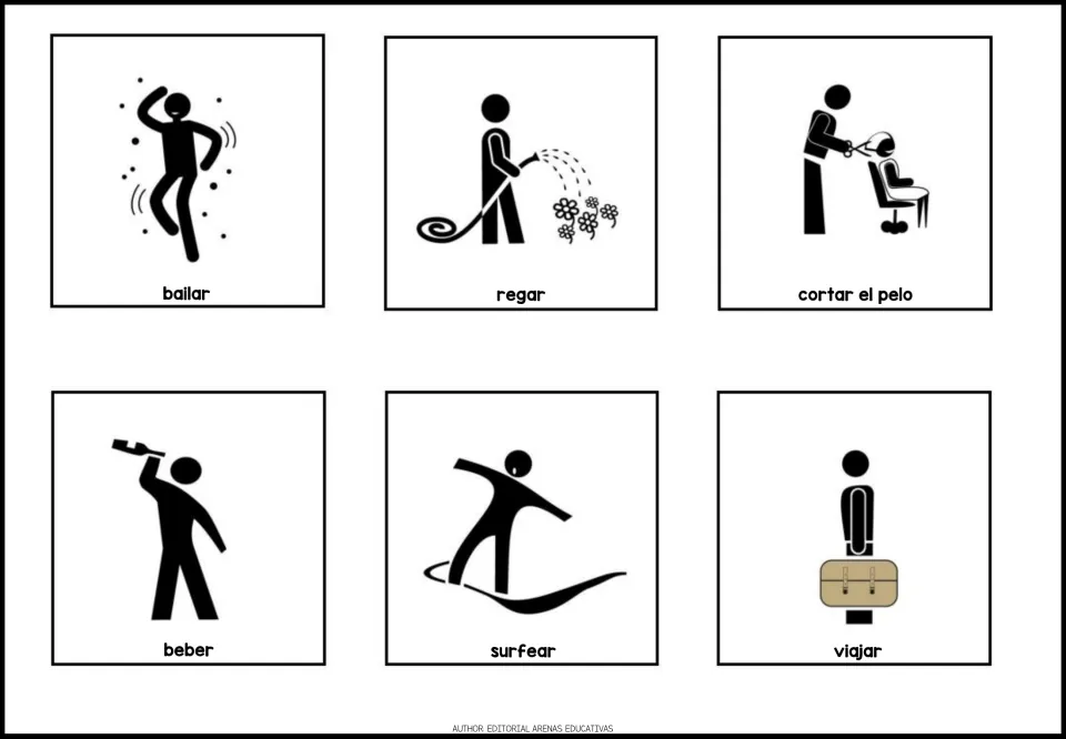 More Spanish verbs: pictogram cards for bailar, regar, cortar el pelo, beber, surfear and viajar, each showing the action