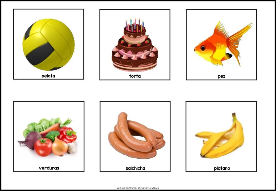 Spanish words for food and objects: picture cards for pelota, torta, pez, verduras, salchicha and plátano