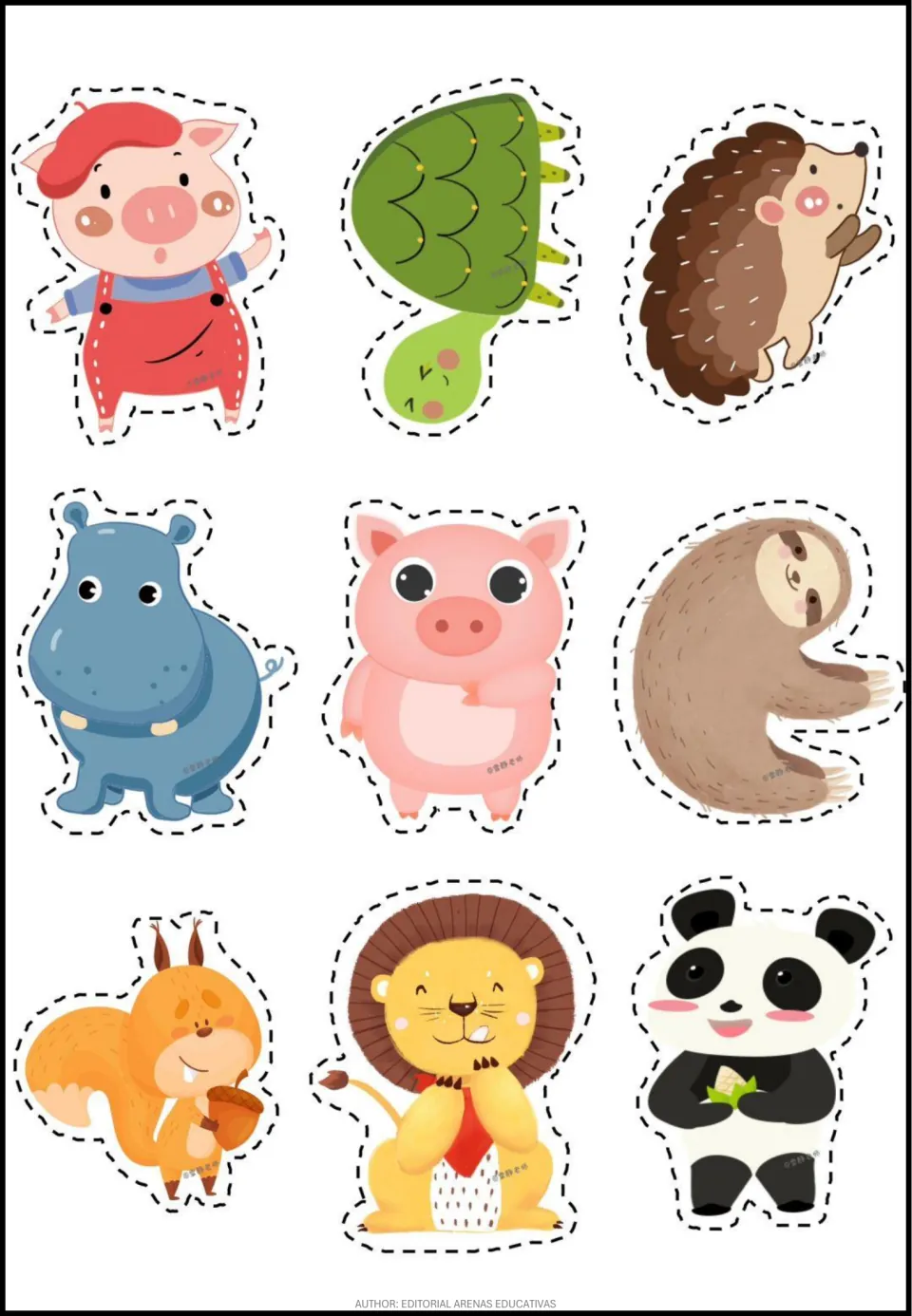 Animal stickers to cut out: a pig in overalls, turtle, hedgehog, hippo, pink pig, sloth, squirrel, lion and panda