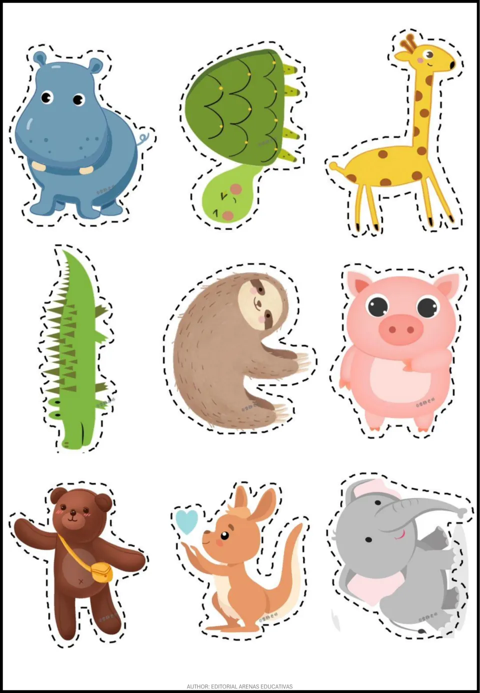 Cut-out animal stickers: hippo, turtle, giraffe, crocodile, sloth, pig, teddy bear, kangaroo with a heart and elephant