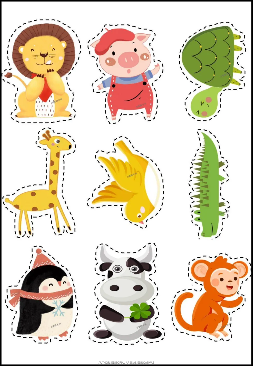 Nine animals for cutting and sticking: lion, pig in a beret, turtle, giraffe, yellow bird, crocodile, penguin, cow, monkey