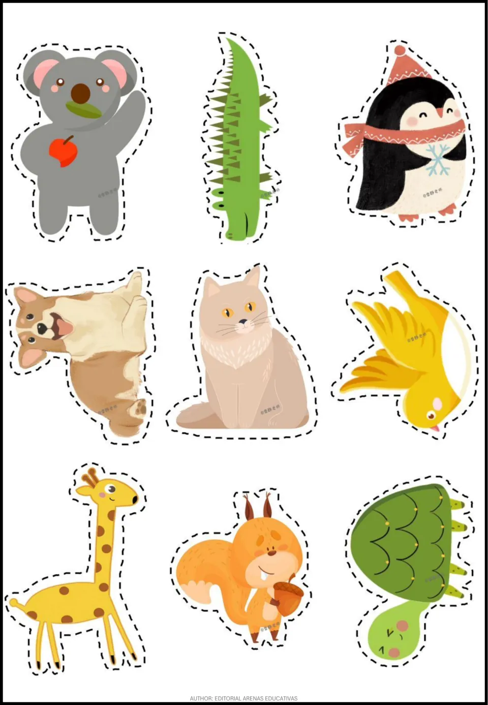 Cut-and-stick animals: koala with an apple, crocodile, penguin in a scarf, corgi, cat, yellow bird, giraffe, squirrel, turtle