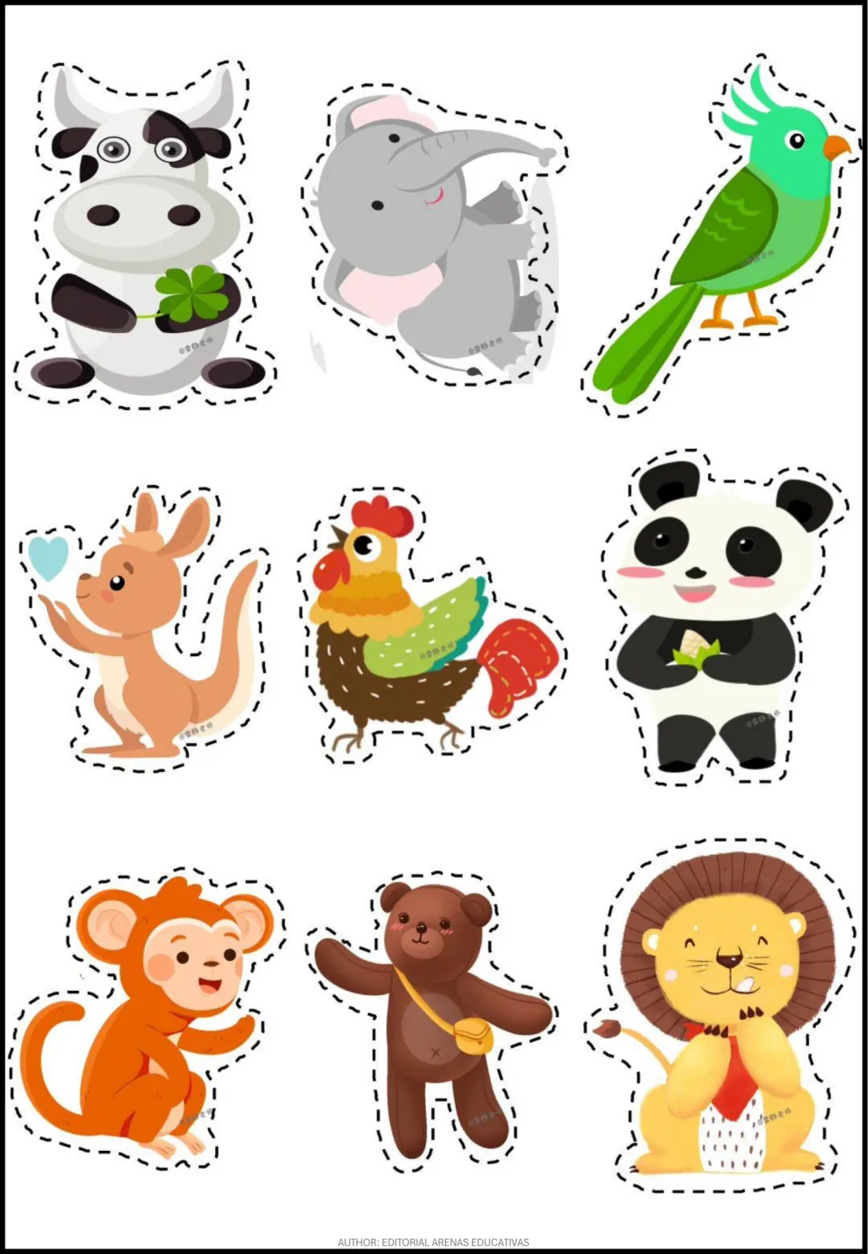 Farm and zoo animals to trim out: cow with a clover, elephant, green parrot, kangaroo, rooster, panda, monkey, bear and lion