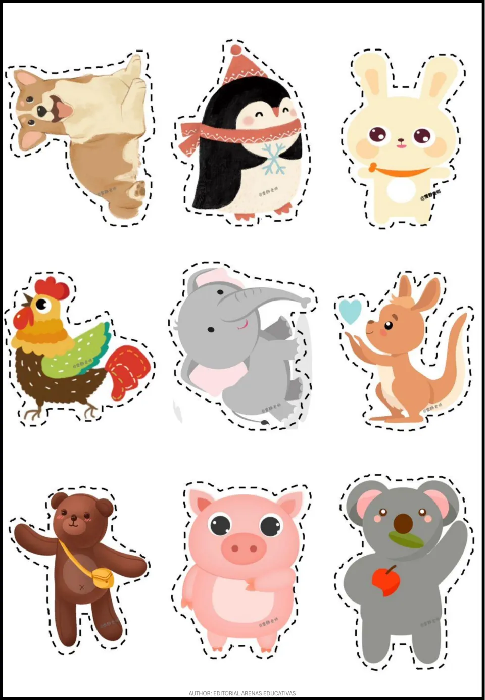 More animals to cut out and stick: corgi, penguin, bunny, rooster, elephant, kangaroo, teddy bear with a bag, pig and koala