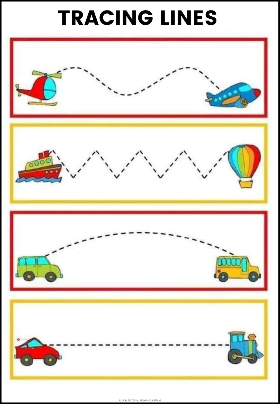Vehicle tracing: students trace wavy, zigzag, curved and straight paths between a helicopter, plane, boat and train
