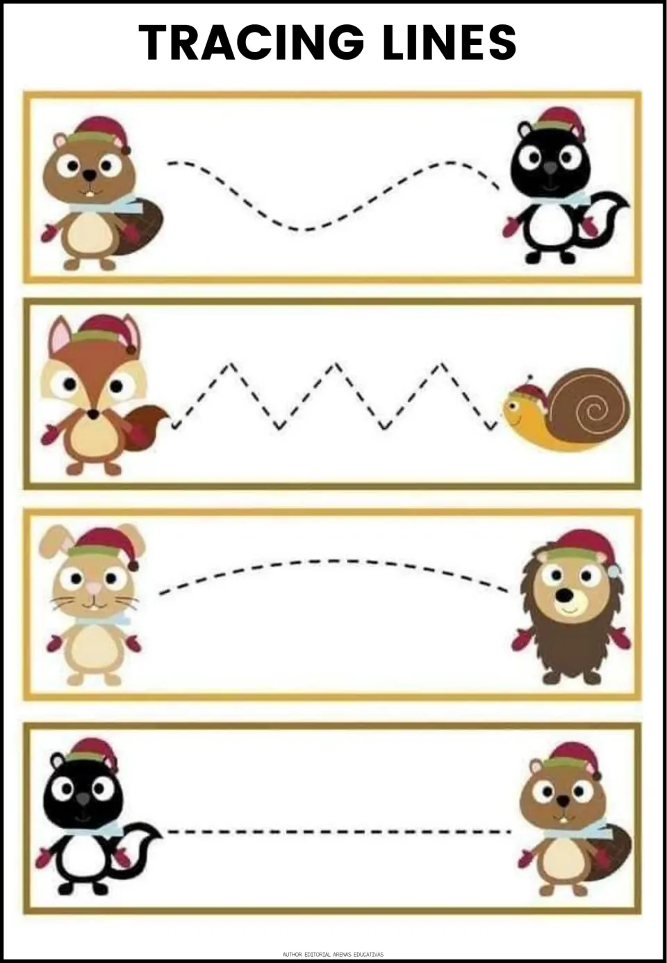 Woodland animals in Santa hats: students trace wavy, zigzag, curved and straight paths from one animal to the next