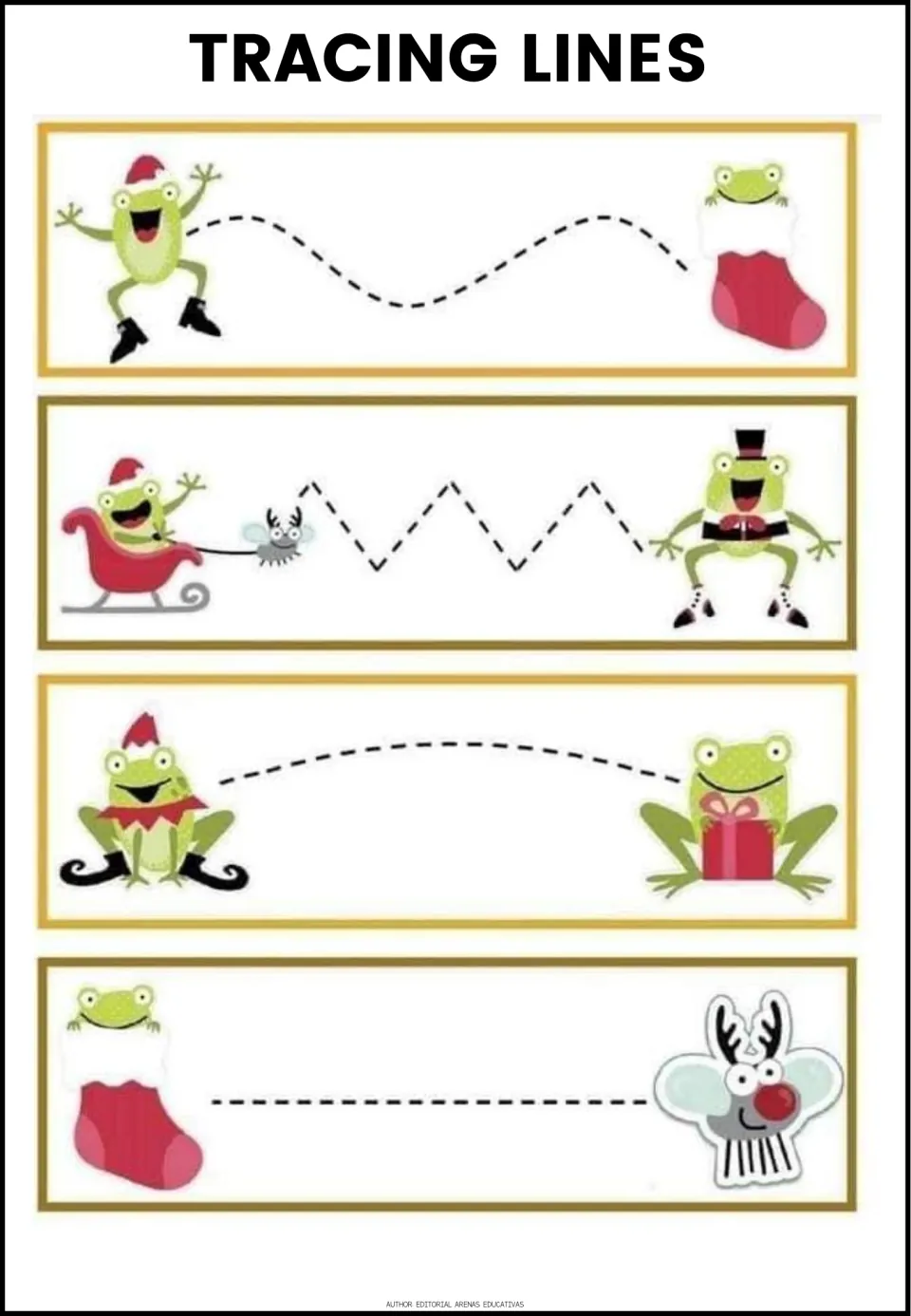 Christmas frogs tracing: students follow wavy, zigzag, curved and straight paths between frogs, a stocking and a fly