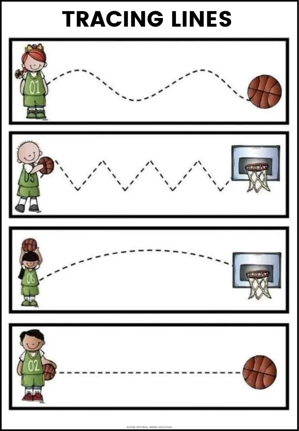 Basketball tracing: students trace wavy, zigzag, curved and straight paths from each player to a ball or hoop