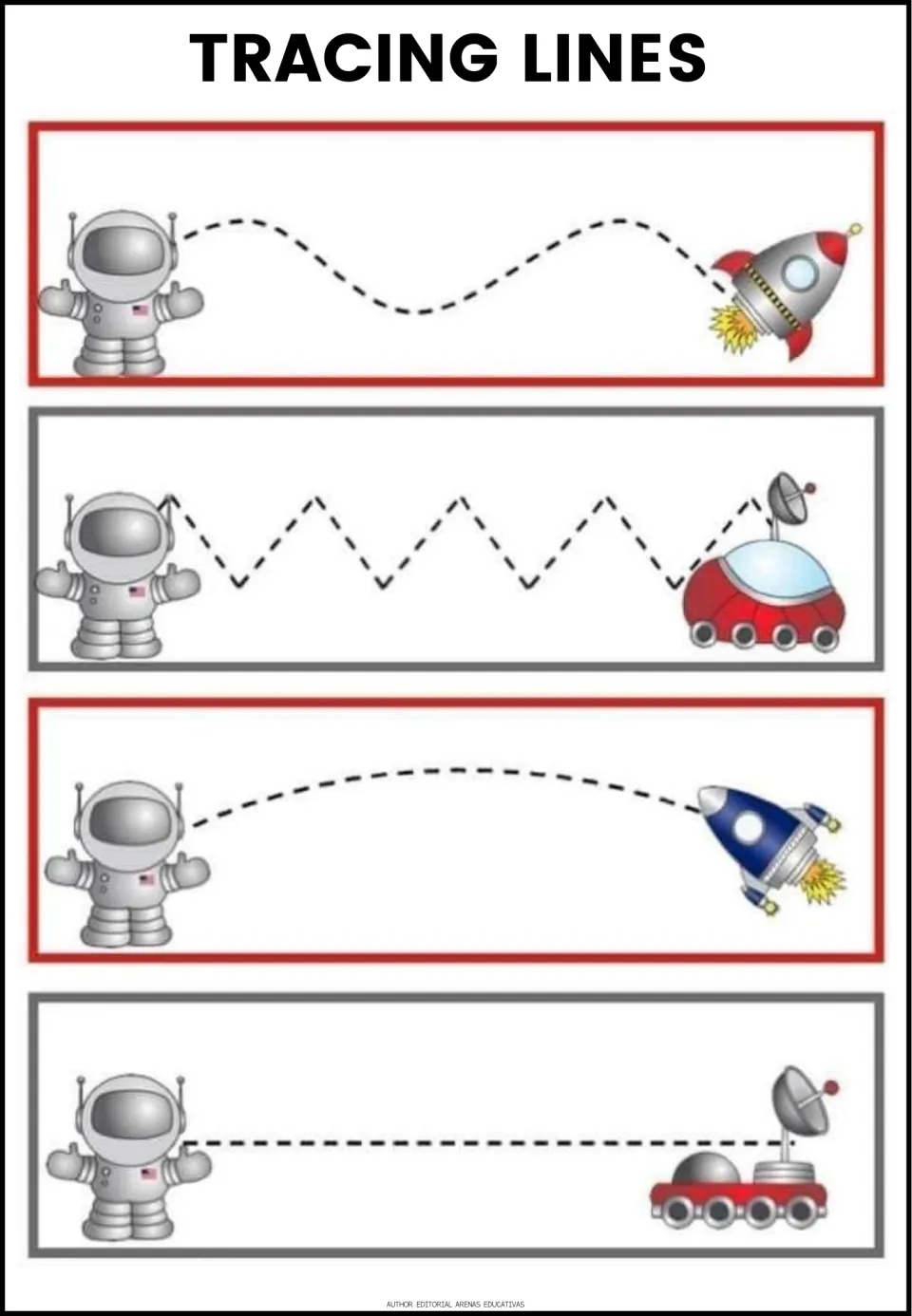 Space tracing: students trace wavy, zigzag, curved and straight paths from an astronaut to rockets and a moon rover