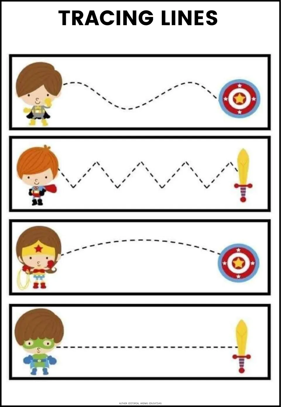 Superhero tracing: students trace wavy, zigzag, curved and straight paths from cartoon heroes to a shield and a sword