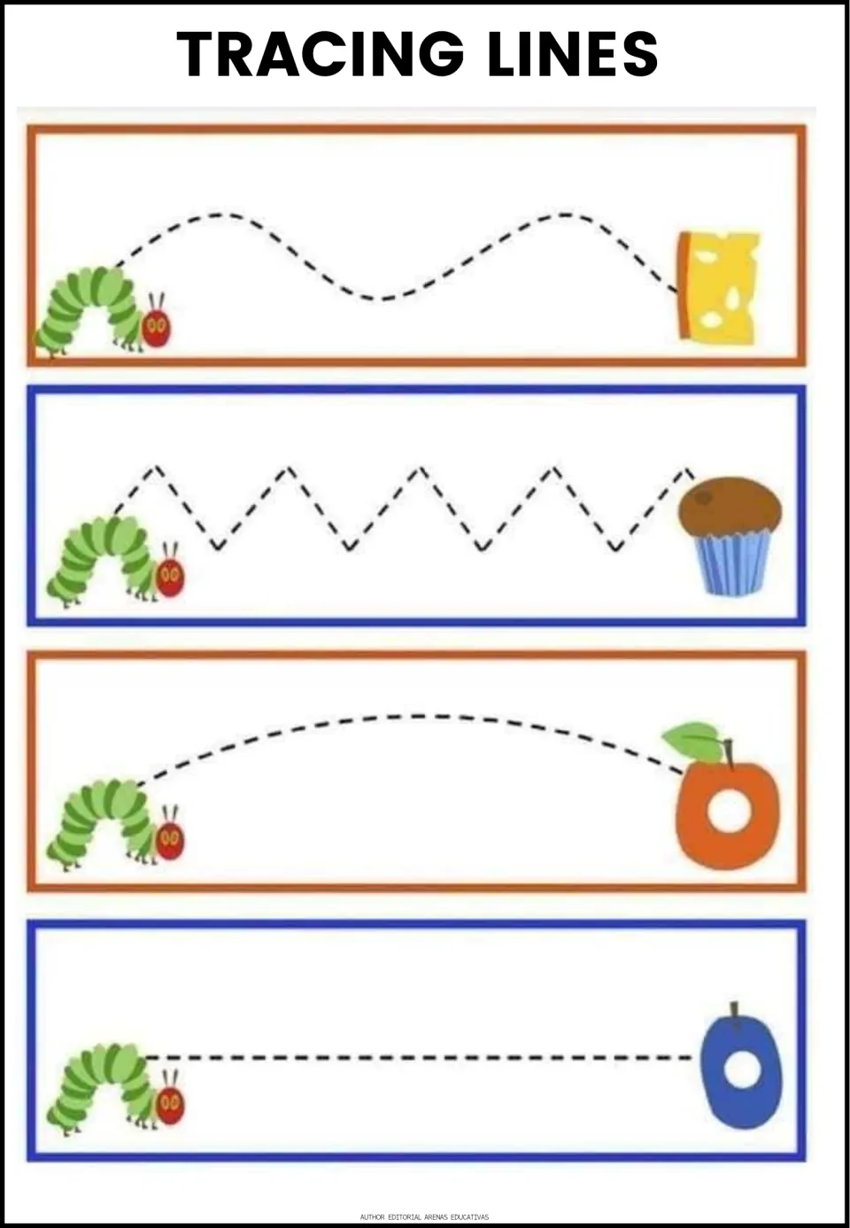 Caterpillar tracing: students trace wavy, zigzag, curved and straight paths from a green caterpillar to its foods