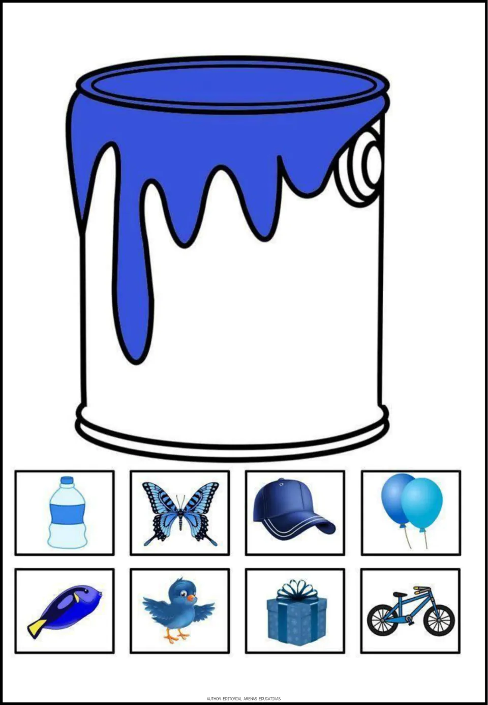 Blue color poster featuring a blue paint can and eight pictures: bottle, butterfly, cap, balloons and four more