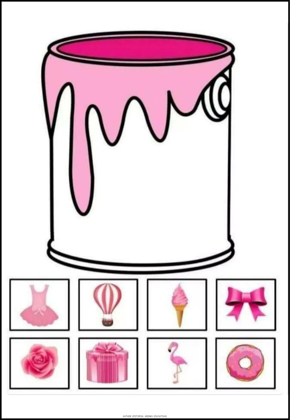 Pink color poster featuring a pink paint can and eight pictures: dress, balloon, ice cream, bow and four more