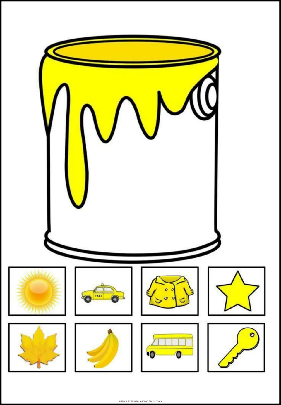 Yellow color poster featuring a yellow paint can and eight pictures: sun, taxi, coat, star and four more