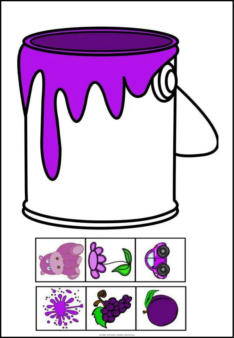 Purple color poster featuring a paint can and six pictures: hippo, flower, car, paint splash, grapes and plum
