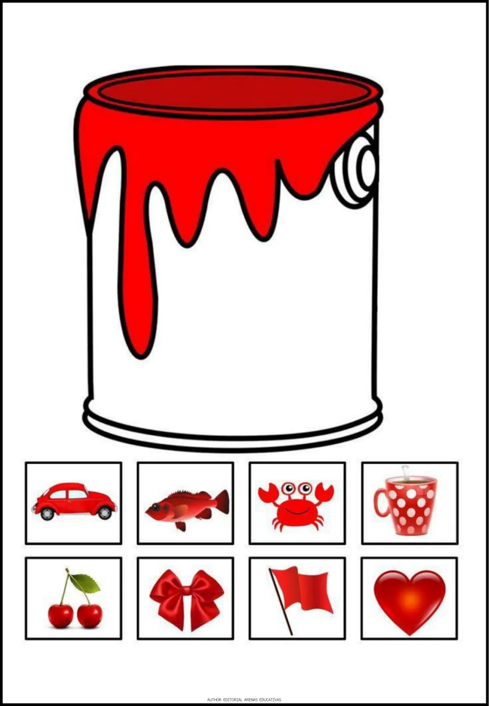 Red color poster featuring a red paint can and eight pictures: car, fish, crab, mug and four more
