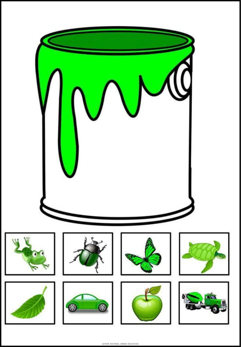 Green color poster featuring a green paint can and eight pictures: frog, beetle, butterfly, turtle and four more