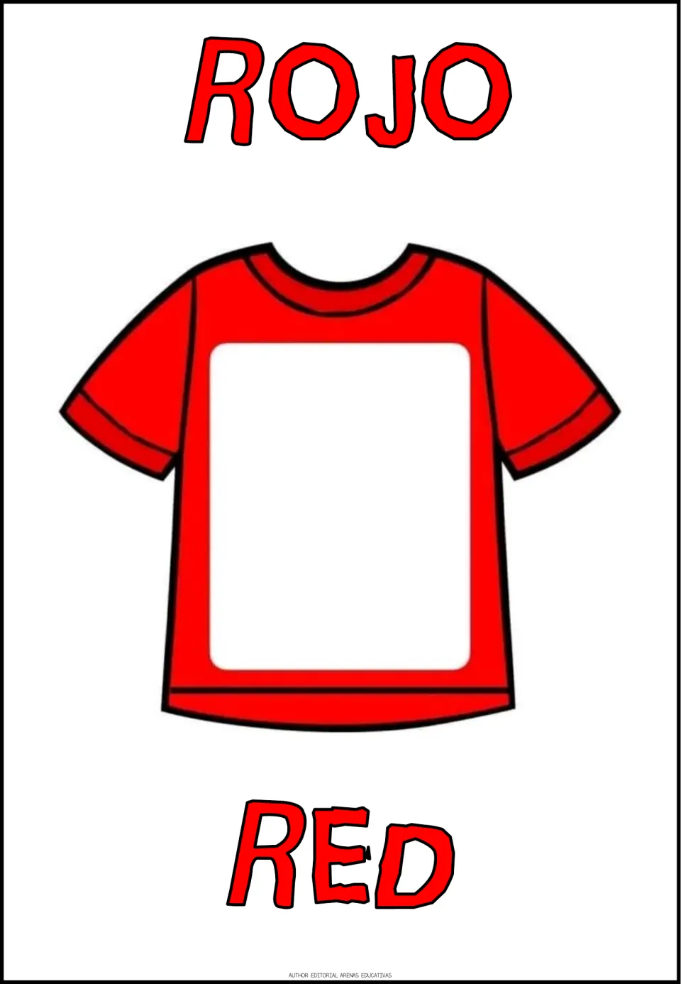 Spanish-English color poster 1 of 6: a red T-shirt illustrates rojo (red), with both color names shown
