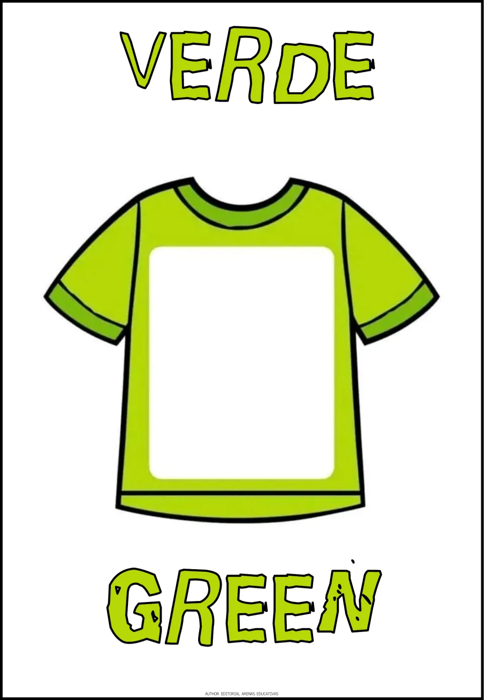 Spanish-English color poster 2 of 6: a green T-shirt illustrates verde (green), with both names shown
