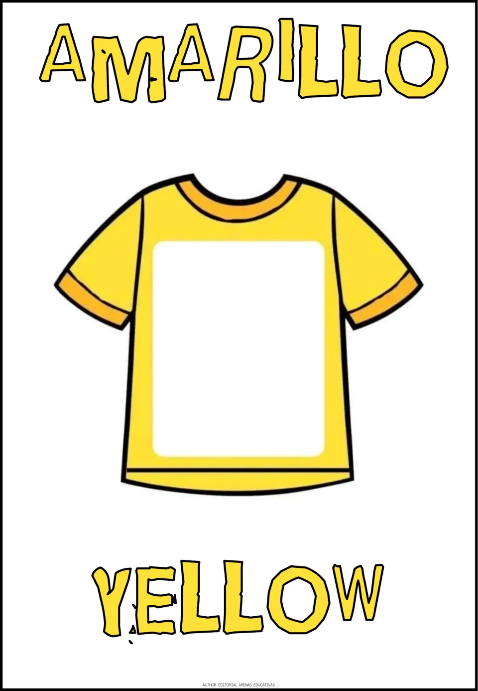 Spanish-English color poster 3 of 6: a yellow T-shirt illustrates amarillo (yellow), with both names shown