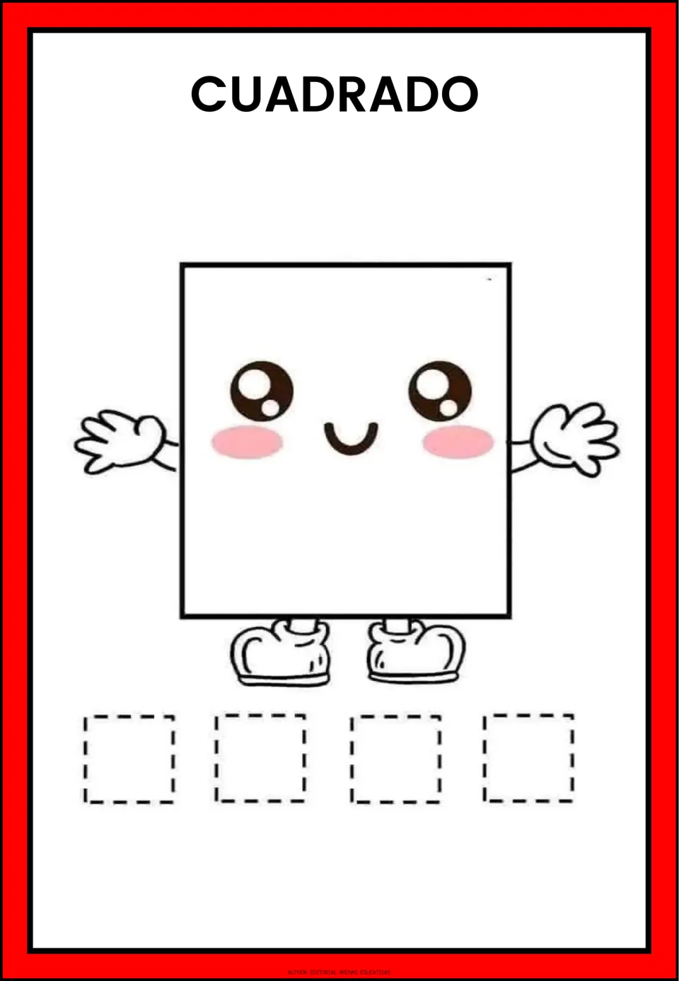 Spanish shape-tracing practice labeled 'CUADRADO' (square), featuring a square and four squares to trace