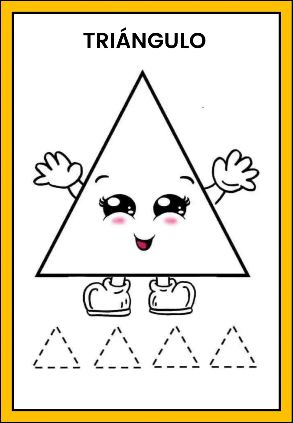 Spanish shape-tracing practice labeled 'TRIÁNGULO' (triangle), with a triangle and four triangles to trace