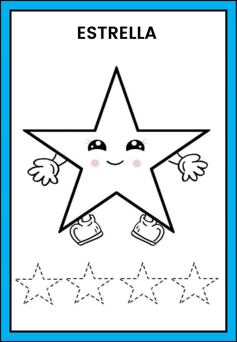 Spanish shape-tracing practice labeled 'ESTRELLA' (star), featuring a star and four stars to trace