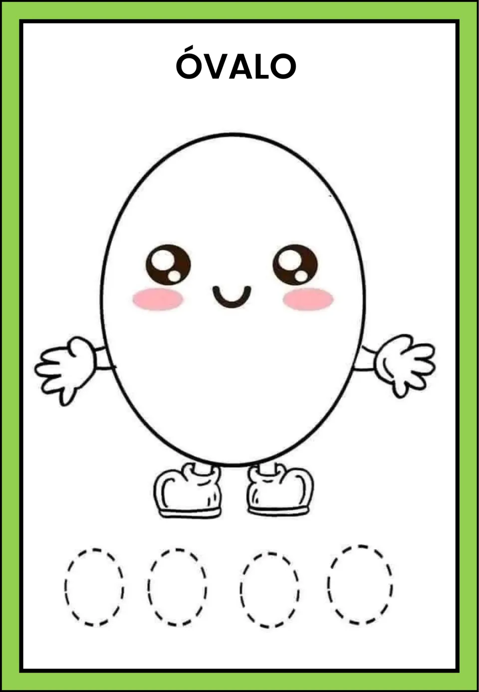 Spanish shape-tracing practice labeled 'ÓVALO' (oval), featuring an oval and four ovals to trace